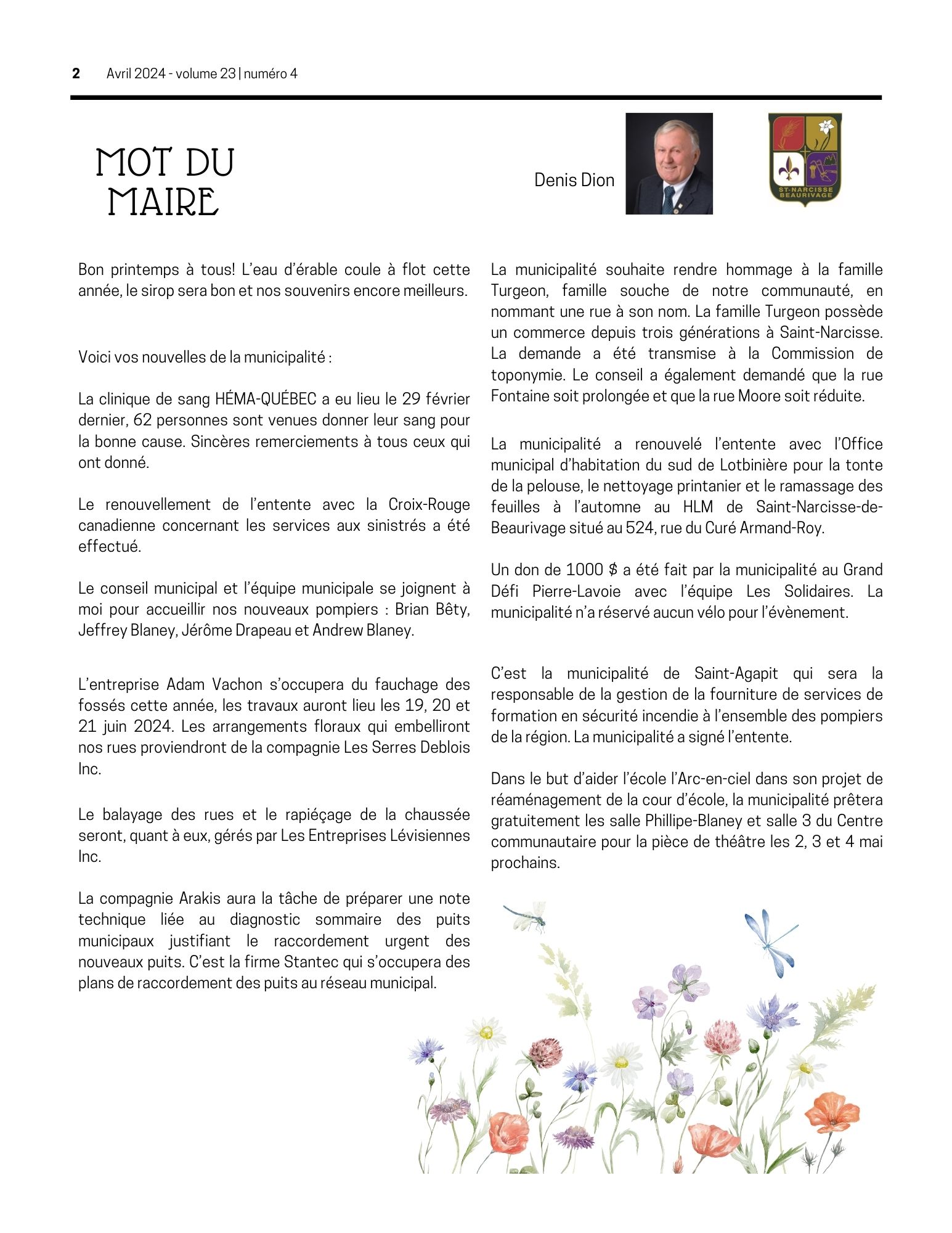 Mot du Maire Municipalité de SaintNarcissedeBeaurivage