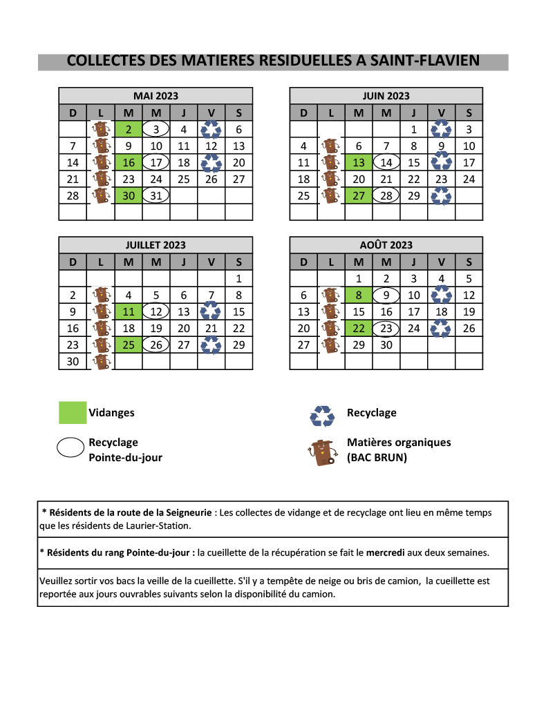 Calendrier Des Collectes Résiduelles | Municipalité De Saint-Flavien