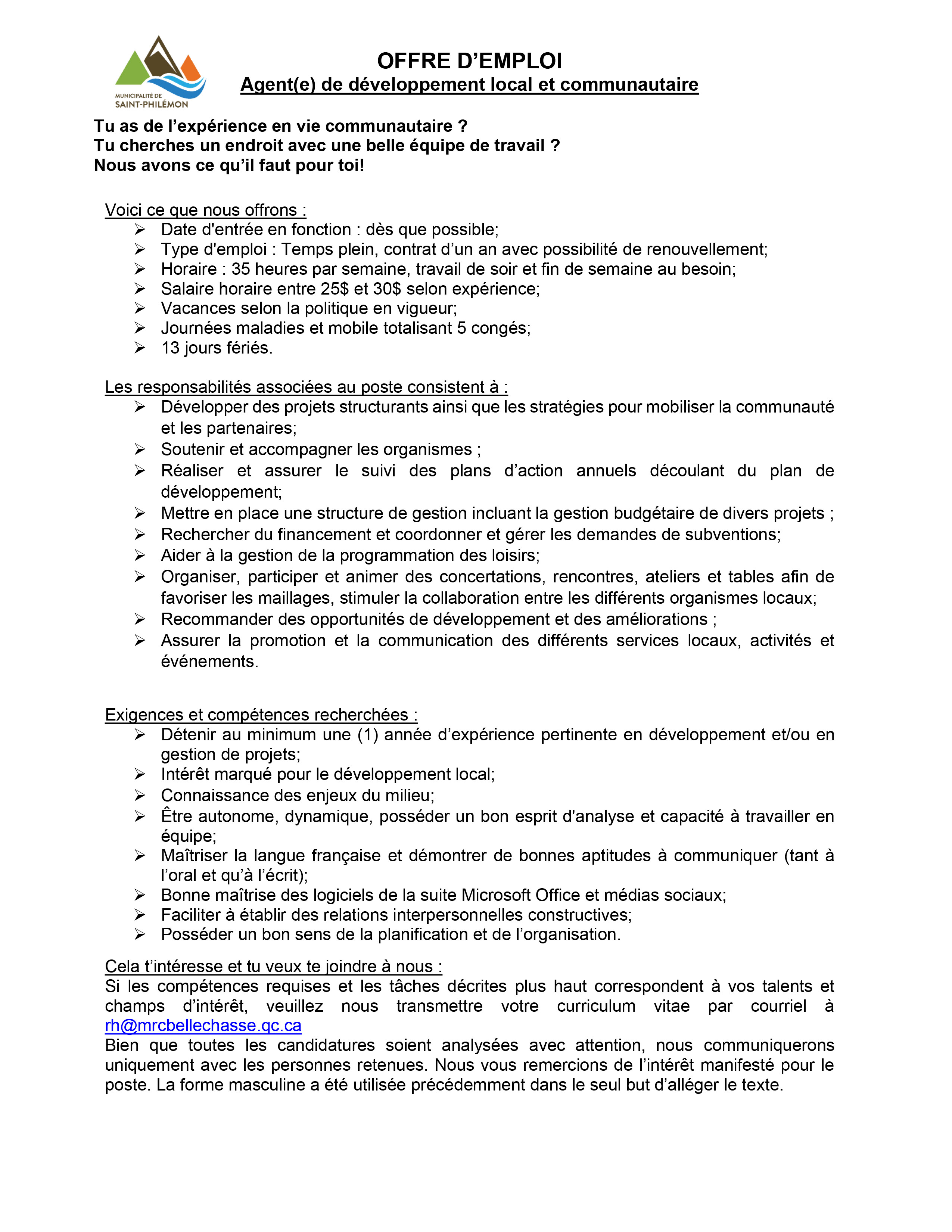 Offres d'emplois Municipalité de SaintPhilémon