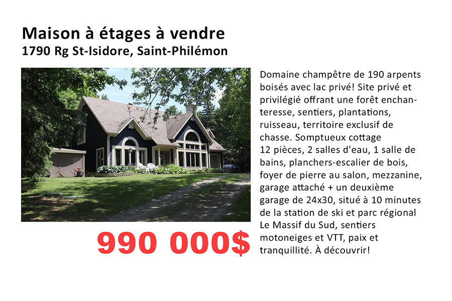 Propriétés à vendre / à louer Municipalité de SaintPhilémon