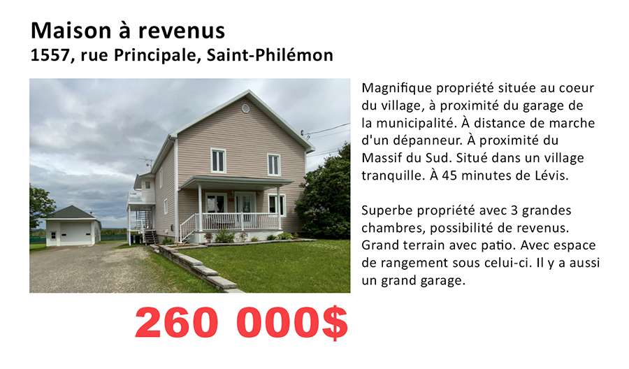 Propriétés à vendre / à louer Municipalité de SaintPhilémon